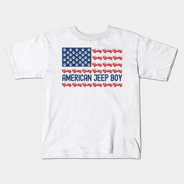 American Jeep Boy USA Flag Jeep Kids T-Shirt by Oska Like